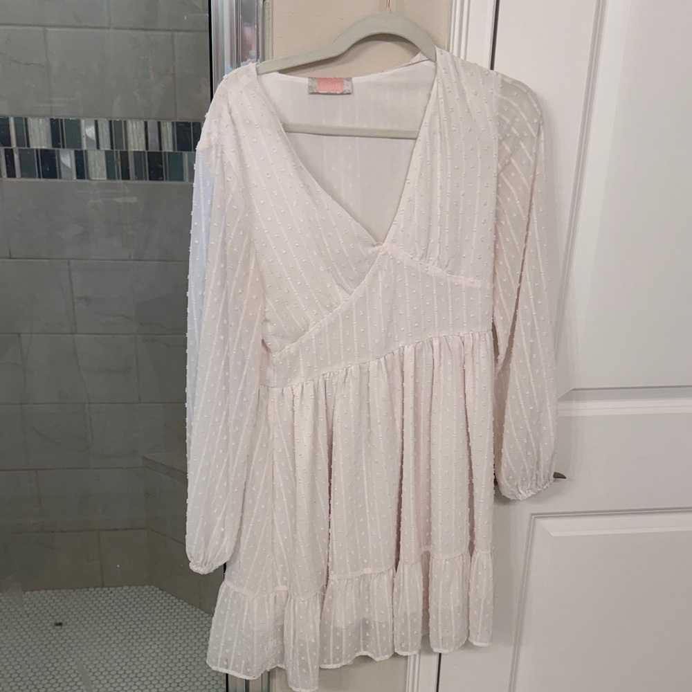Ivory Long Sleeve V-Neck Tiered Mini Dress - Feminine Everyday Dress